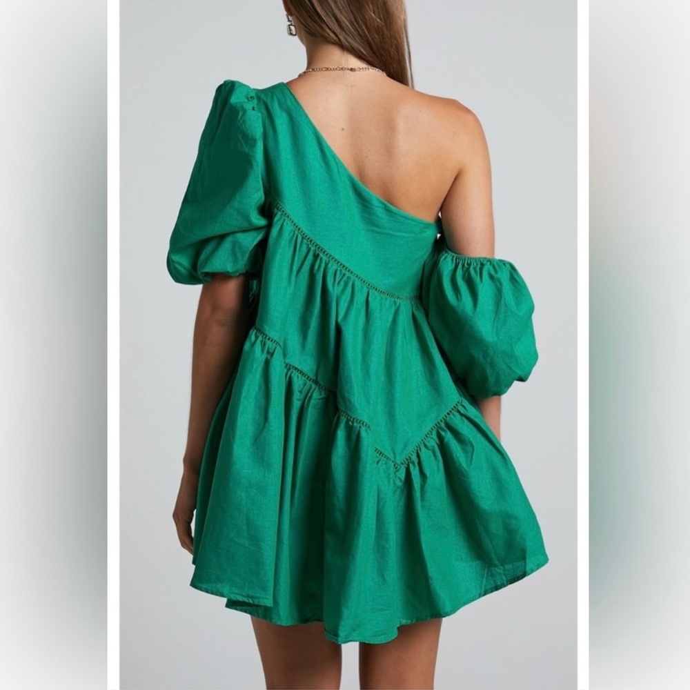 NEW ShowPo Harleen Asymmetrical Puff Sleeve Mini Dress Green Wedding Party Derby - Picture 2 of 11